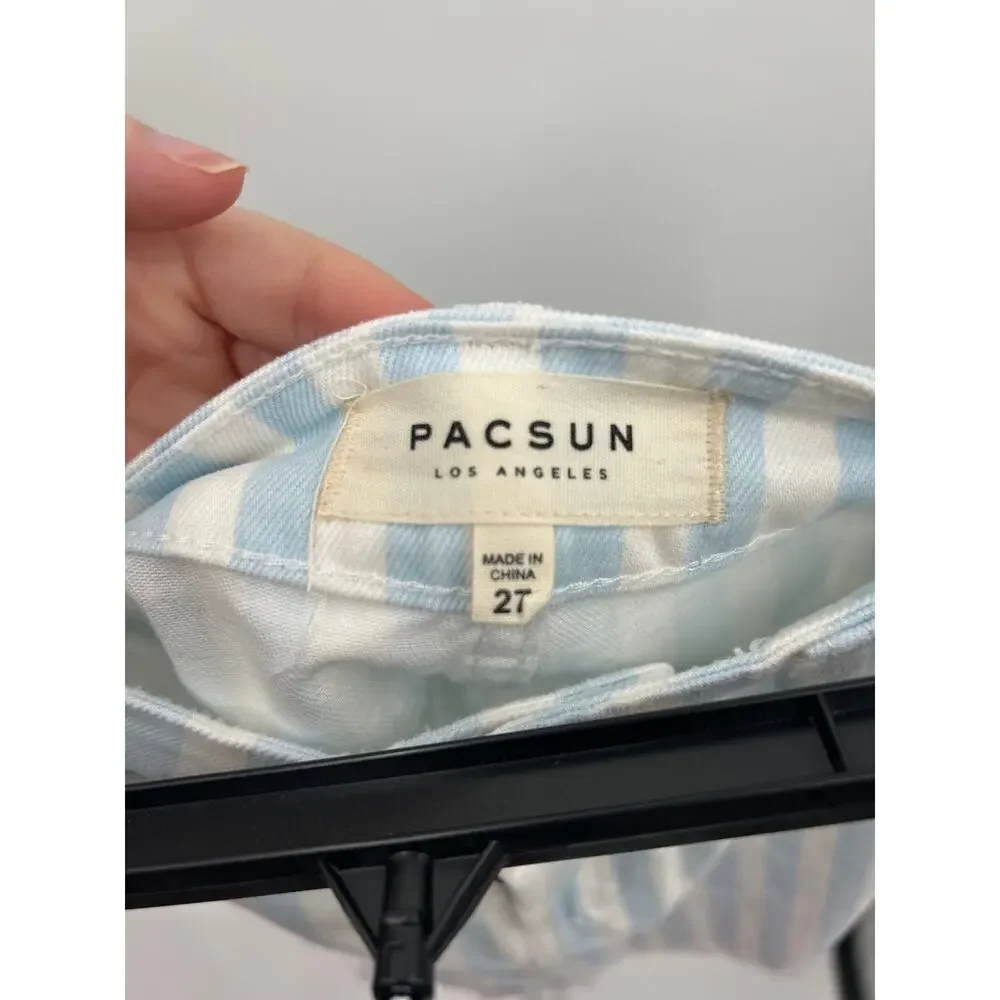 PacSun Striped Denim Mini Skirt Size 27 Blue White 100% Cotton Raw Hem Beachy